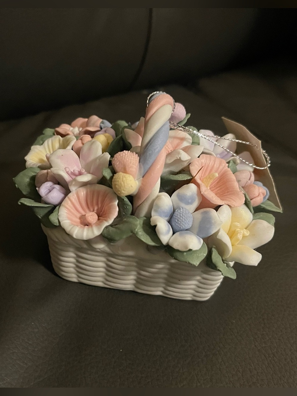 VTG Mini Ceramic Basket Of Flowers Pastel Pink Blue Coquette Home Decor NEW